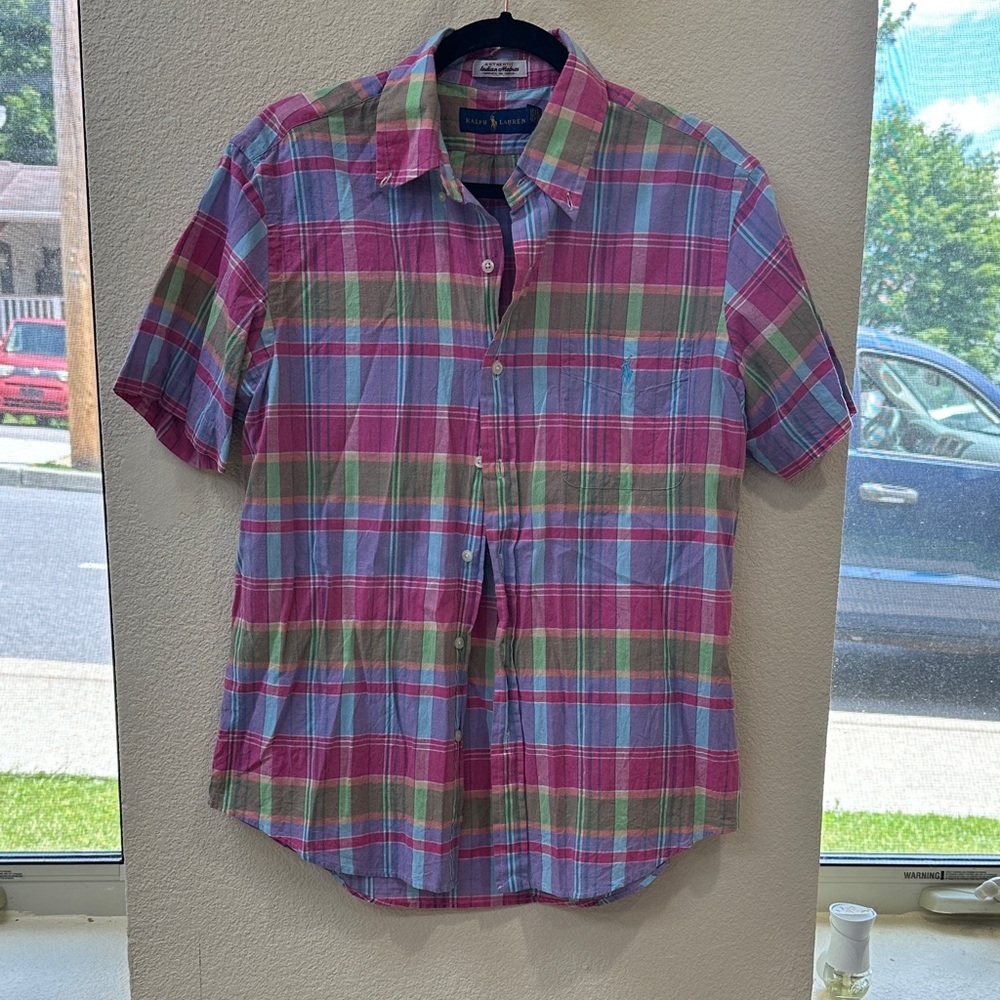 Ralph Lauren Short Sleeve Plaid Button Down Shirt Pink Blue Green Size Medium